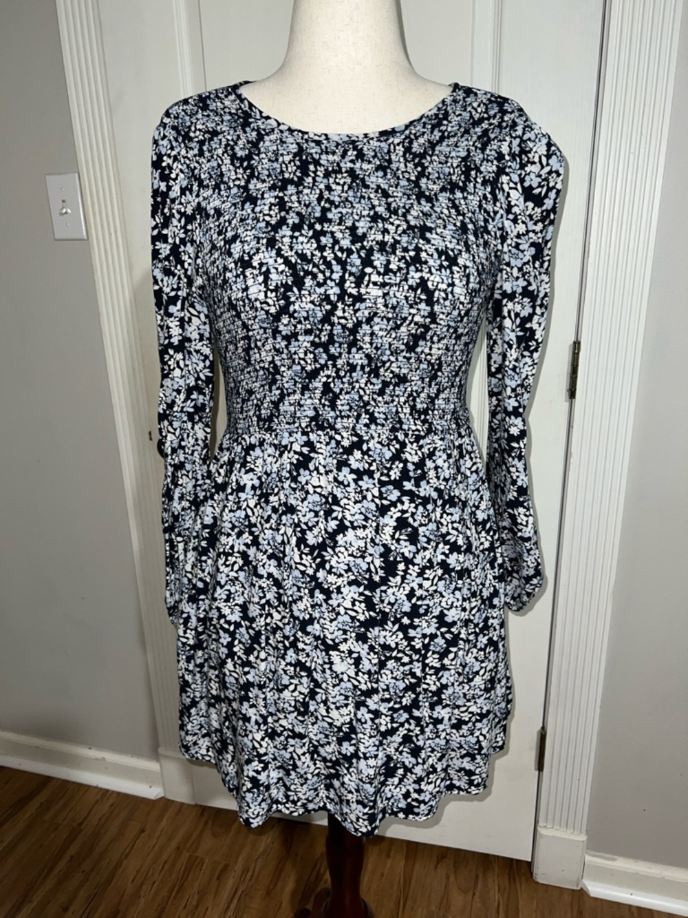 Old Navy Floral Navy Long-Sleeve Smocked Waist Dress